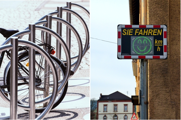 Geschwindigkeitstafeln und Fahrradständer